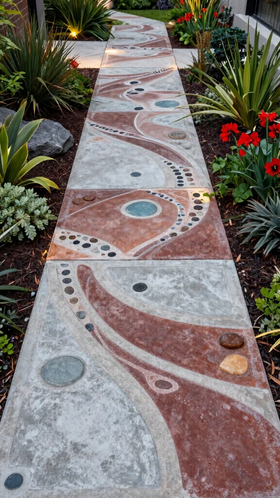 12 Creative Garden Pathway Ideas That Will Leave Your Neighbors in Awe! - 11. Artful Concrete Designs 1