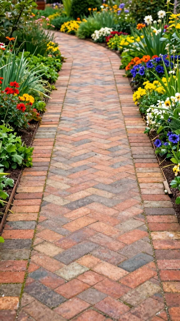 12 Creative Garden Pathway Ideas That Will Leave Your Neighbors in Awe! - 4. Whimsical Brick Herringbone 1