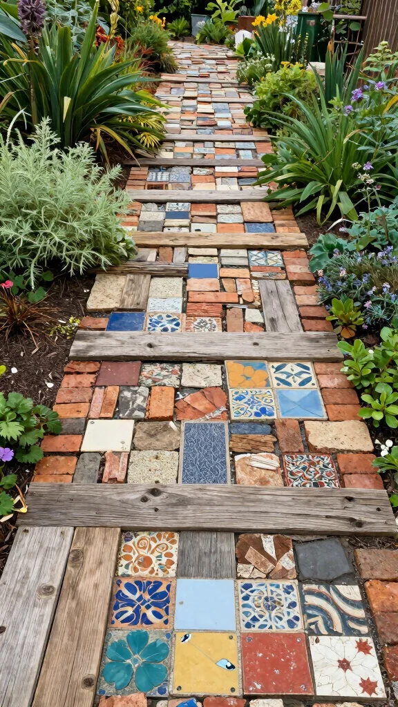 12 Creative Garden Pathway Ideas That Will Leave Your Neighbors in Awe! - 5. Creative Recycled Materials 1