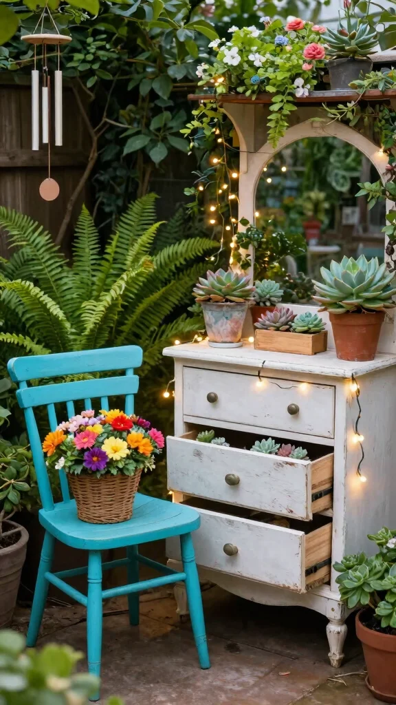 14 Stylish Outdoor DIY Decor Hacks That Will Have Your Garden Looking Like a Magazine Cover! - 2. Repurpose Old Furniture into Garden Treasures 1