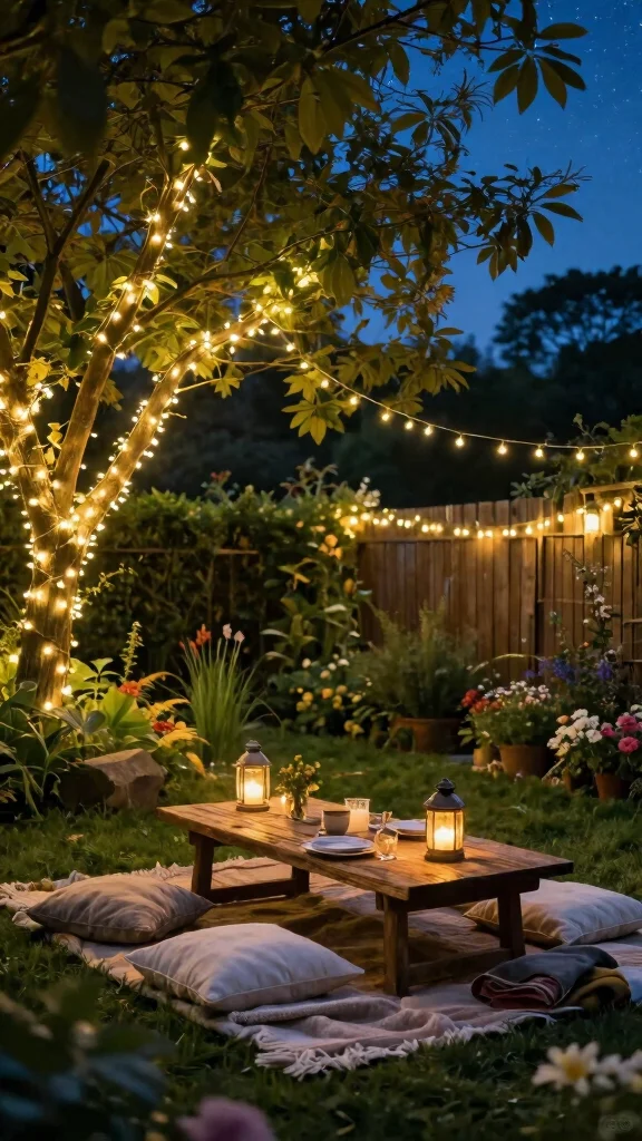 14 Stylish Outdoor DIY Decor Hacks That Will Have Your Garden Looking Like a Magazine Cover! - 4. Utilize Fairy Lights for Magical Ambiance 1