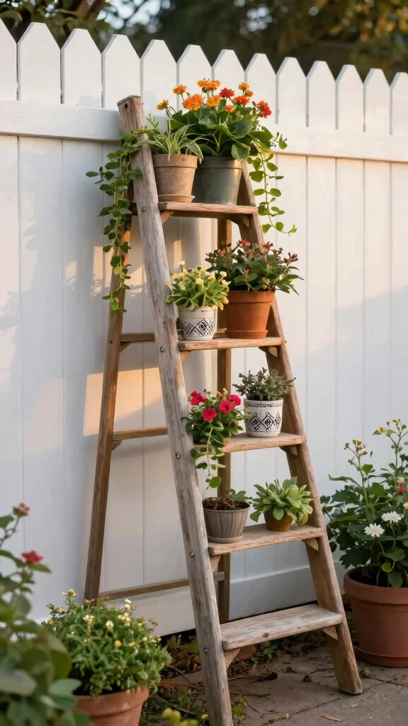 15 Creative and Affordable Garden Decor Hacks You Need to Try! - 2. Rustic Garden Ladder Display 1