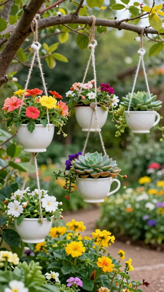 15 Creative and Affordable Garden Decor Hacks You Need to Try! - 8. Hang Upcycled Teacups 1