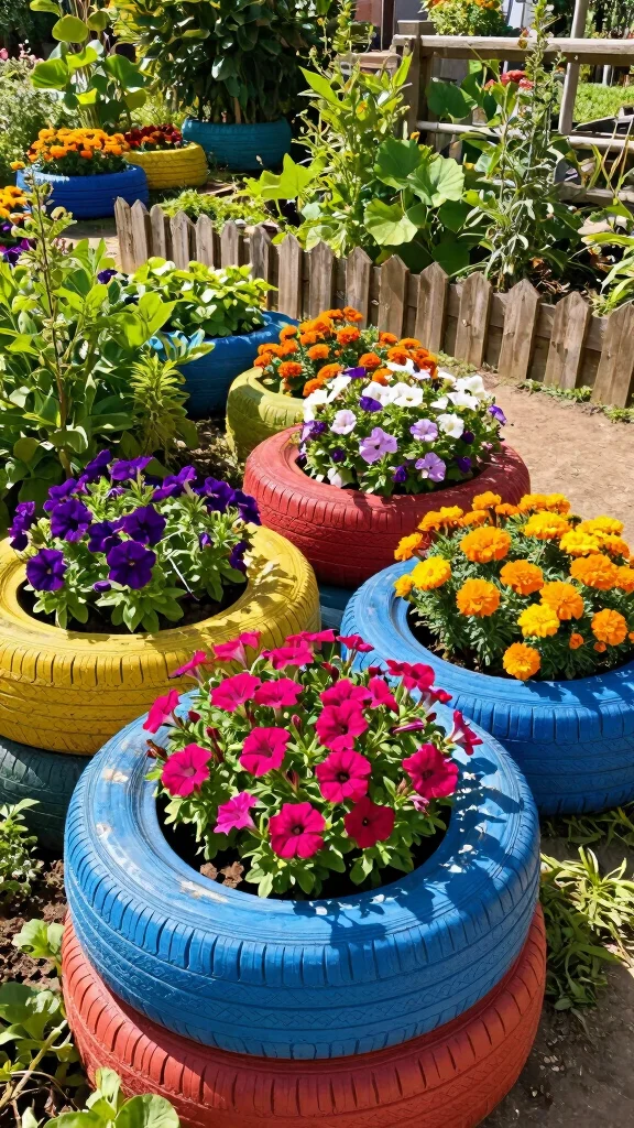 15 DIY Garden Decor Ideas That Will Inspire a Gorgeous Outdoor Makeover! - 1. Upcycled Tire Flower Planters 1