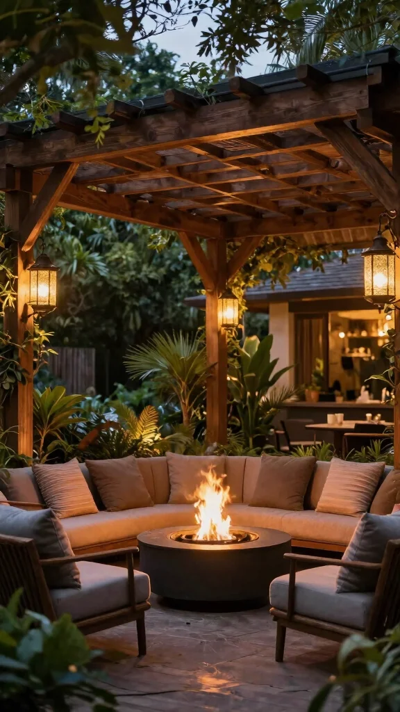 15 Fire Pit Ideas That Make Your Outdoor Retreats Magical for Evening Relaxation! - 14. Fire Pit Under a Pergola 1
