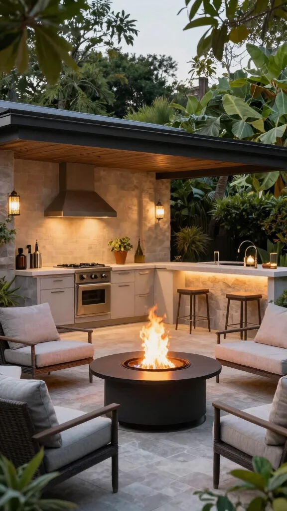 15 Stunning Landscape Firepit Ideas to Ignite Your Outdoor Living Space (You’ll Love #8!) - 15. Firepit with Outdoor Kitchen Integration 1