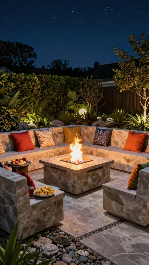 15 Stunning Landscape Firepit Ideas to Ignite Your Outdoor Living Space (You’ll Love #8!) - 4. Firepit with Integrated Seating 1