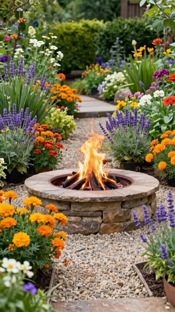 15 Stunning Landscape Firepit Ideas to Ignite Your Outdoor Living Space (You’ll Love #8!) - 5. Firepit Surrounded by Flower Beds 1