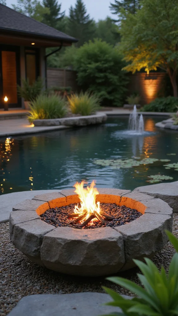 15 Stunning Landscape Firepit Ideas to Ignite Your Outdoor Living Space (You’ll Love #8!) - 8. Firepit with a Water Feature 1