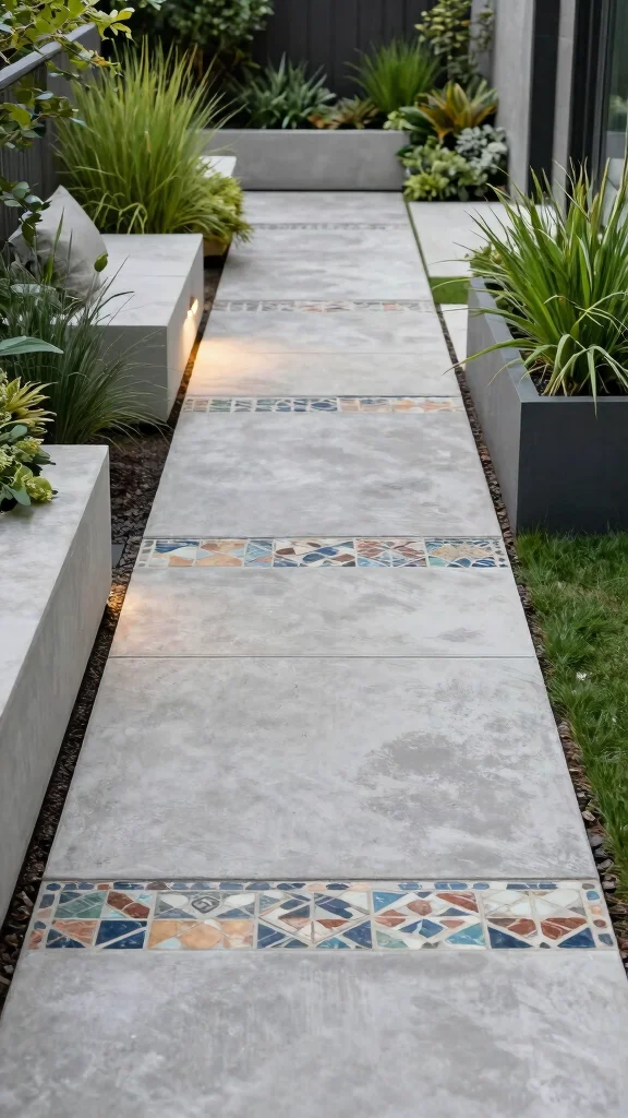 15 Stunning Pathway Designs That Will Make Your Garden a Showstopper! - 11. Concrete Paths with Inlays 1