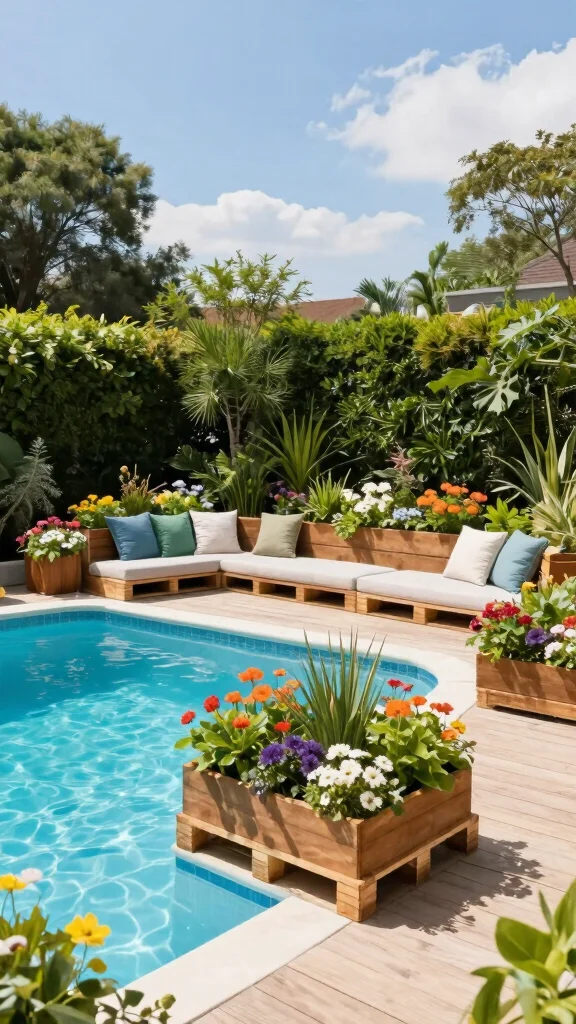 17 Easy Pallet Deck Ideas You Can Build This Weekend (DIY Enthusiasts Rejoice!) - 6. Pallet Poolside Deck with Planters 1