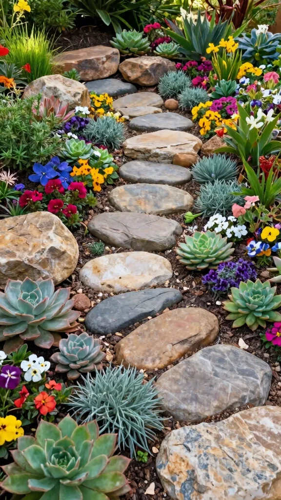 17 Easy and Colorful Flower Bed Landscaping Ideas to Brighten Up Your Yard! - 16. Creative Use of Rocks and Stones 1