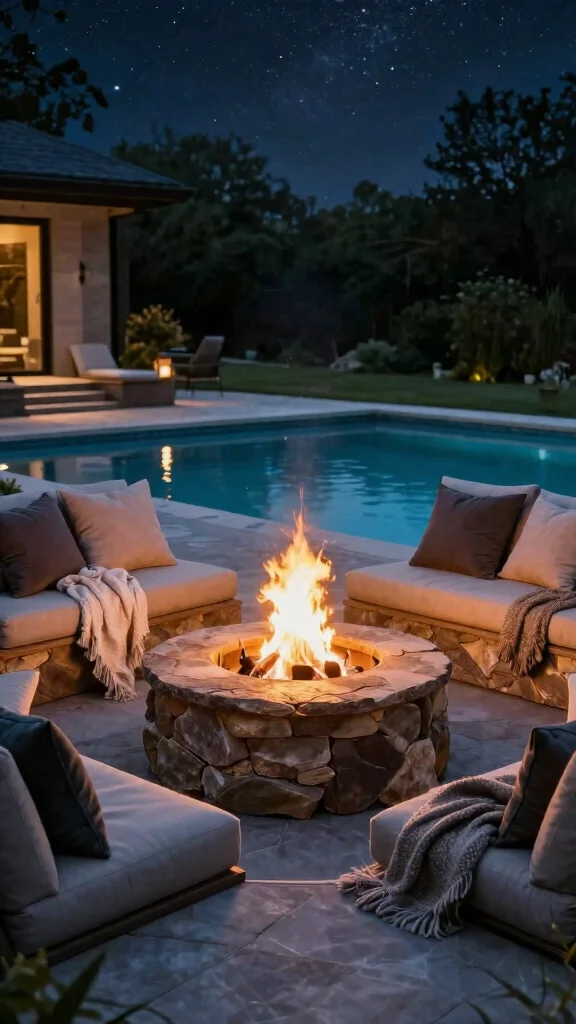 17 Stunning Budget-Friendly Pool Deck Designs That Will Transform Your Backyard! - 17. Cozy Fire Pit Area 1