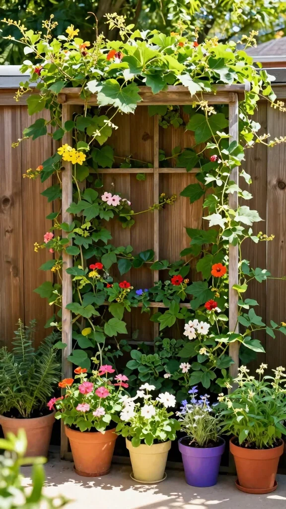 17 Vertical Container Gardening Ideas for Patios That Are Pure Genius! - 10. Trellis with Climbing Plants 1