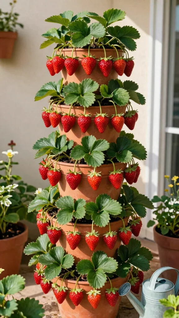 17 Vertical Container Gardening Ideas for Patios That Are Pure Genius! - 5. Vertical Strawberry Tower 1