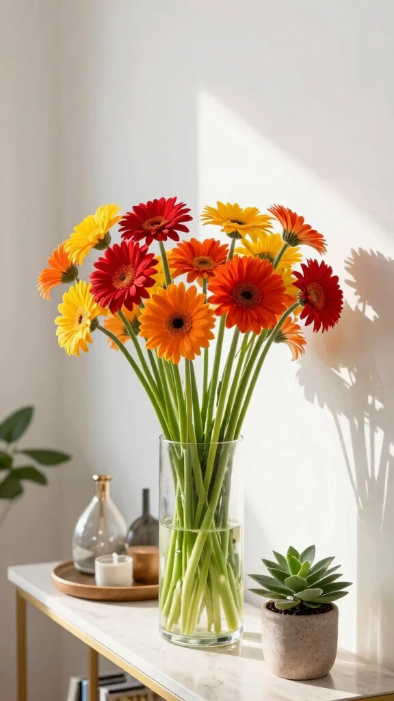 17 Vibrant Spring Flower Arrangements You Can Create in Minutes! - 10. Colorful Gerbera Daisies in a Tall Vase 1