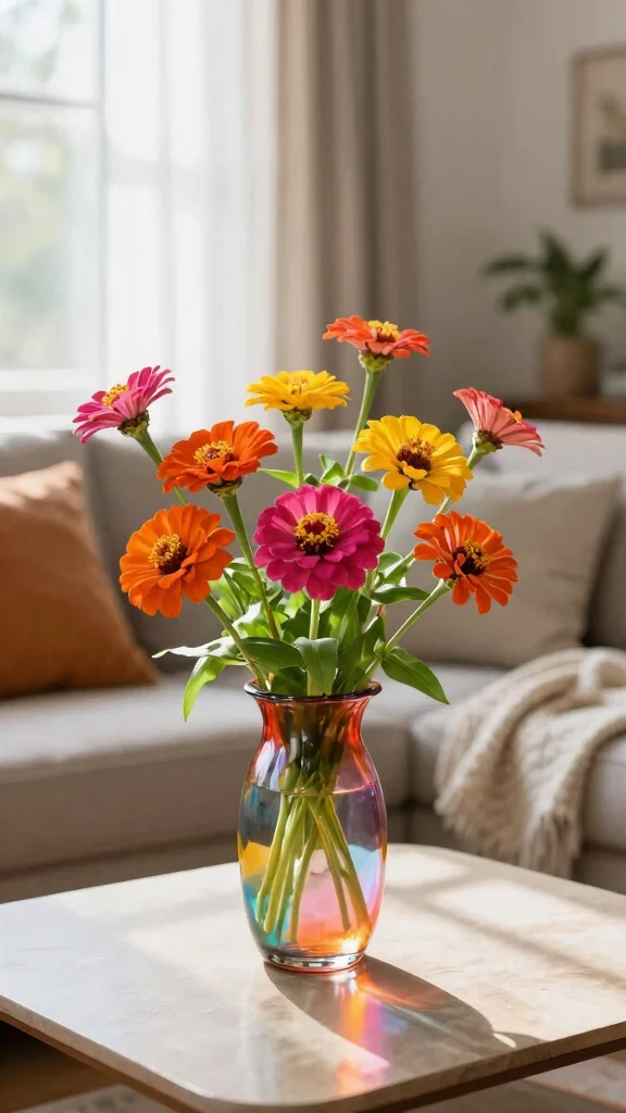 17 Vibrant Spring Flower Arrangements You Can Create in Minutes! - 5. Zinnia Bouquet in a Colorful Glass Vase 1