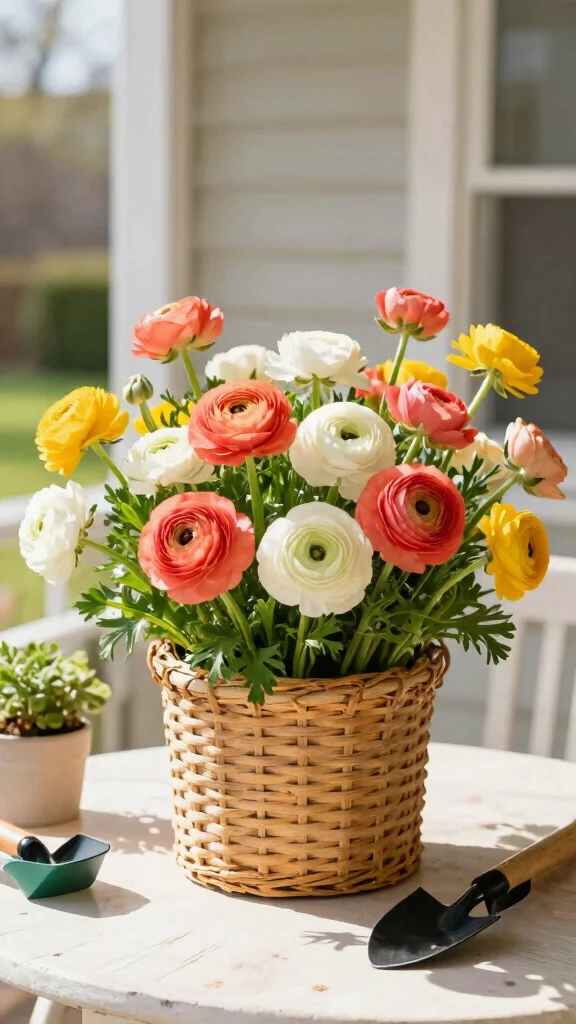 17 Vibrant Spring Flower Arrangements You Can Create in Minutes! - 7. Colorful Ranunculus in a Floral Basket 1
