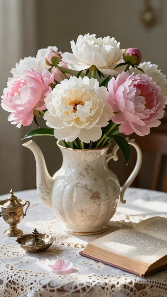 17 Vibrant Spring Flower Arrangements You Can Create in Minutes! - 8. Peony Arrangement in a Vintage Teapot 1