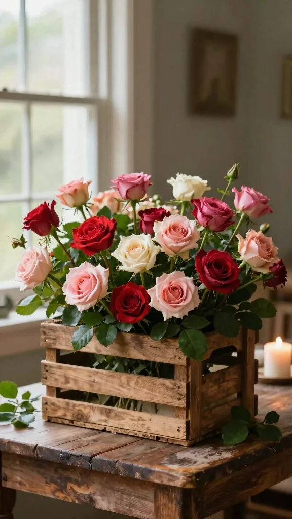 17 Vibrant Spring Flower Arrangements You Can Create in Minutes! - 9. Garden Rose Arrangement in a Crate 1