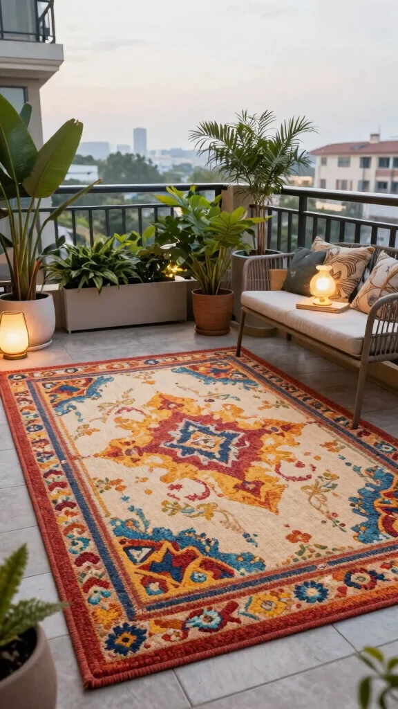 18 Balcony Garden Furniture Ideas That Will Make Your Small Space Feel Luxurious! - 12. Outdoor Rugs 1