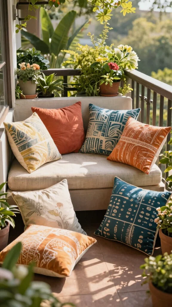 18 Balcony Garden Furniture Ideas That Will Make Your Small Space Feel Luxurious! - 16. Colorful Throw Pillows 1