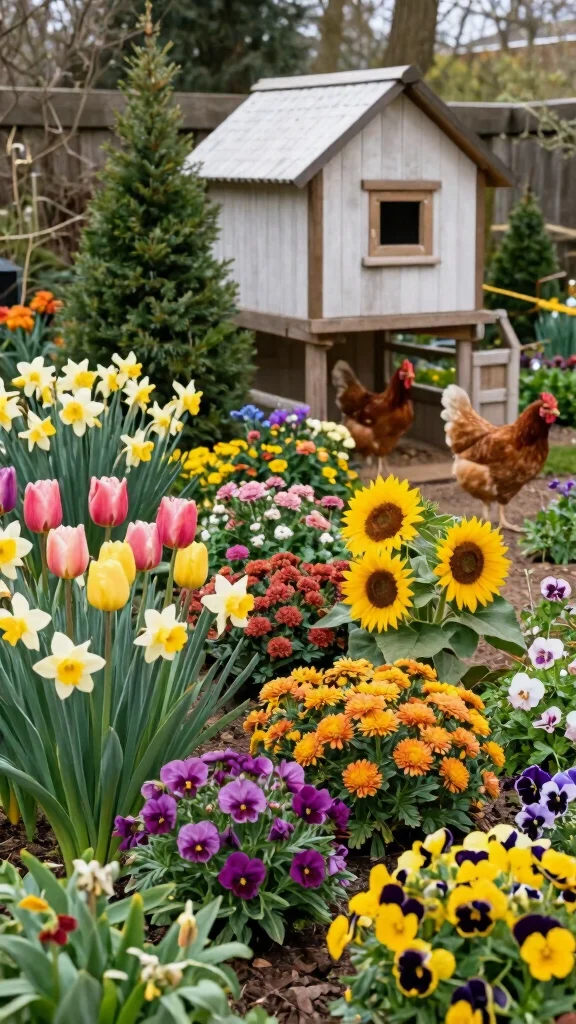 18 Beautiful Chicken Coop Garden Designs That Mix Flowers and Fowl! - 11. Seasonal Blooms for Year-Round Beauty 1