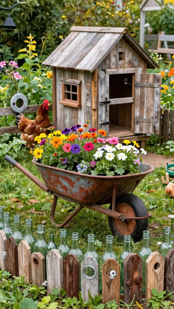 18 Beautiful Chicken Coop Garden Designs That Mix Flowers and Fowl! - 13. DIY Upcycled Accessories 1