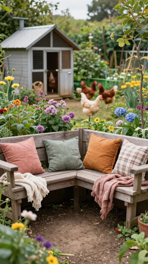 18 Beautiful Chicken Coop Garden Designs That Mix Flowers and Fowl! - 15. Cozy Nooks for Relaxation 1