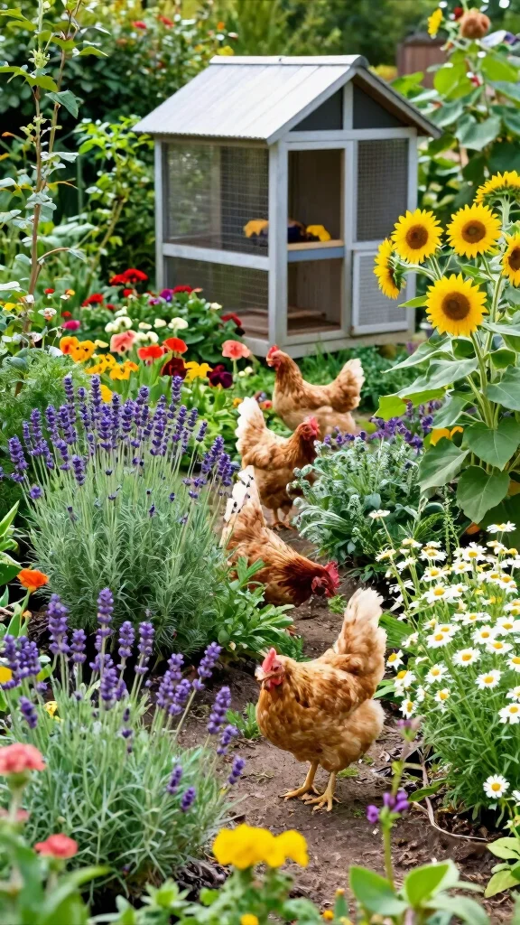 18 Beautiful Chicken Coop Garden Designs That Mix Flowers and Fowl! - 5. Vibrant Herb and Flower Garden 1