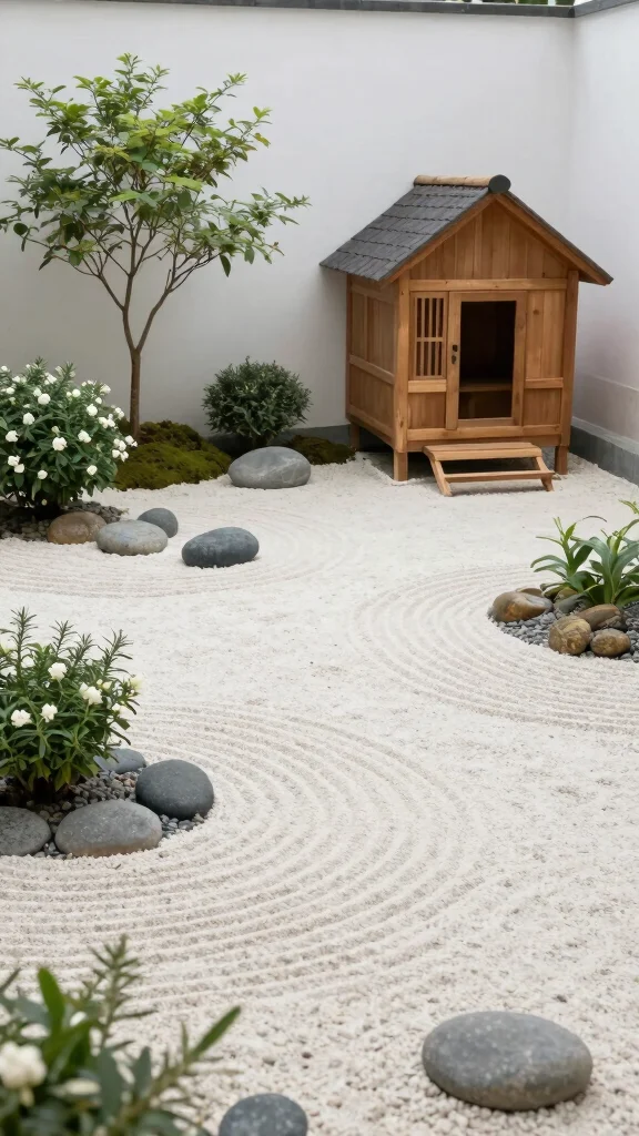 18 Beautiful Chicken Coop Garden Designs That Mix Flowers and Fowl! - 7. Zen Garden Style Coop 1