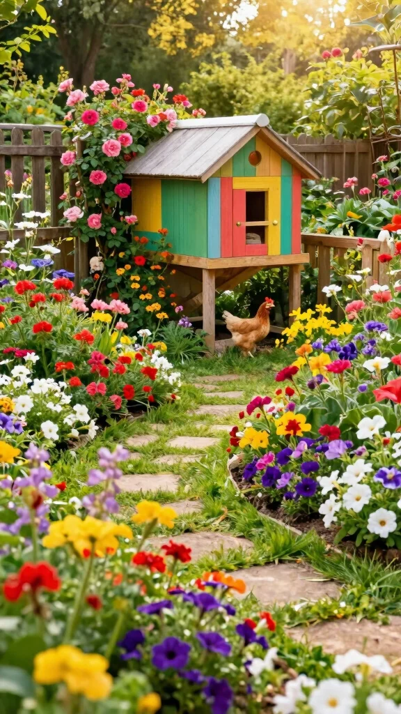 18 Beautiful Chicken Coop Garden Designs That Mix Flowers and Fowl! - 8. Colorful Cottage Style 1