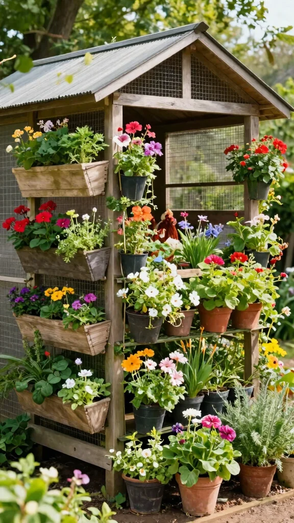 18 Beautiful Chicken Coop Garden Designs That Mix Flowers and Fowl! - 9. Vertical Gardens Around the Coop 1