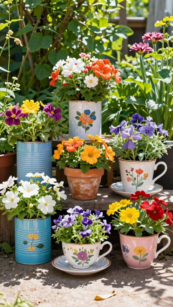 18 Eco-Friendly Colorful Flowering Pots That Are Good for the Earth (And Your Garden!) - 5. Upcycled Material Pots 1