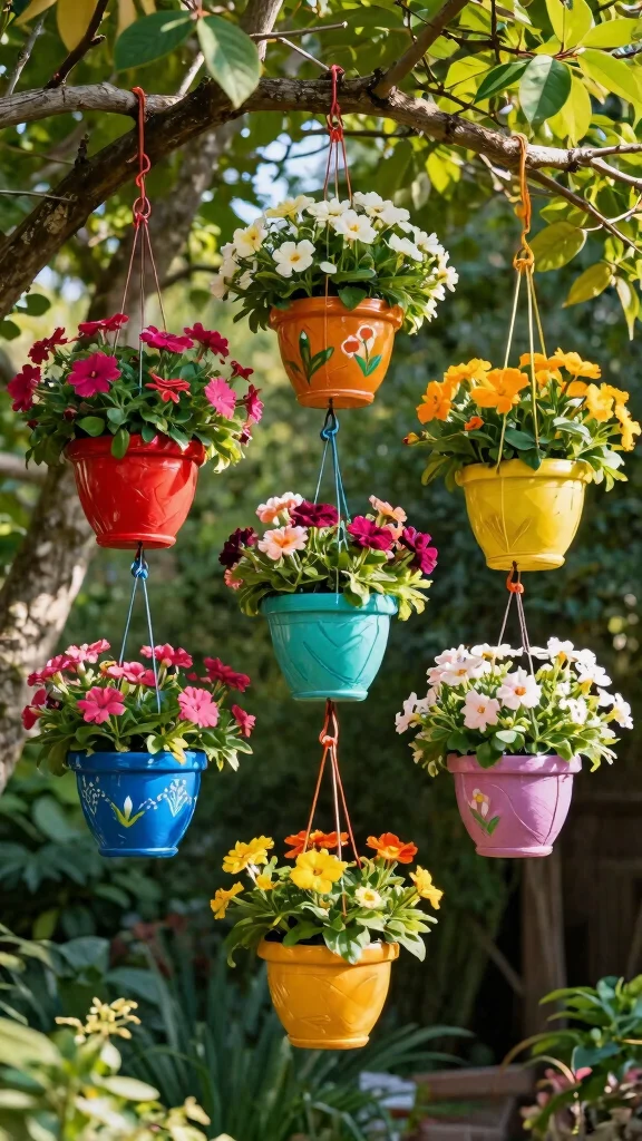18 Fun Colorful Garden Art Projects You Can Start Today (You'll Be Surprised at #5!) - 11. Colorful Hanging Planters 1