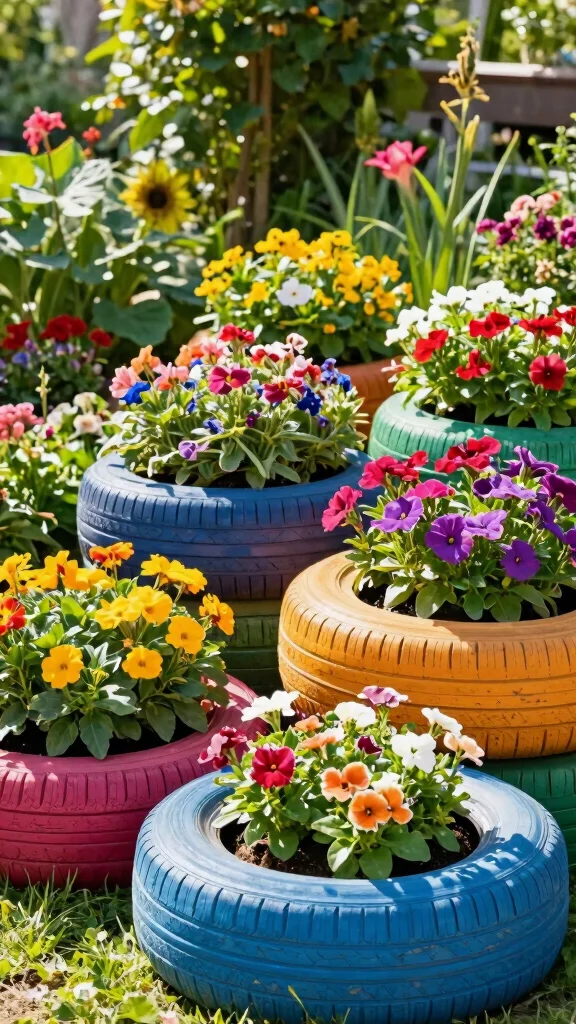 18 Fun Colorful Garden Art Projects You Can Start Today (You'll Be Surprised at #5!) - 13. Upcycled Tire Planters 1