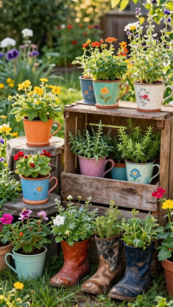 18 Fun Colorful Garden Art Projects You Can Start Today (You'll Be Surprised at #5!) - 2. Upcycled Garden Planters 1