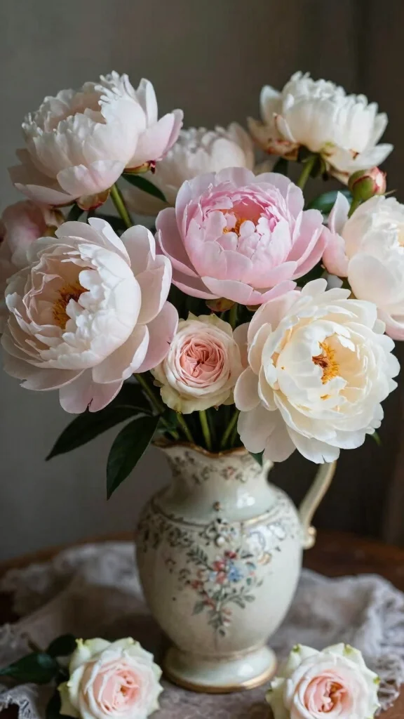 18 Seasonal Bouquet Ideas You Need to Try for a Cozy Home! - 13. Vintage Charm: Peonies and Garden Roses 1