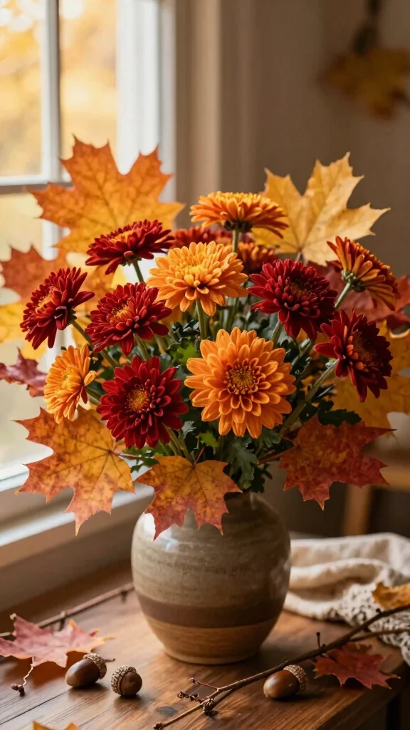 18 Seasonal Bouquet Ideas You Need to Try for a Cozy Home! - 3. Autumn Glory: Maple Leaves and Chrysanthemums 1