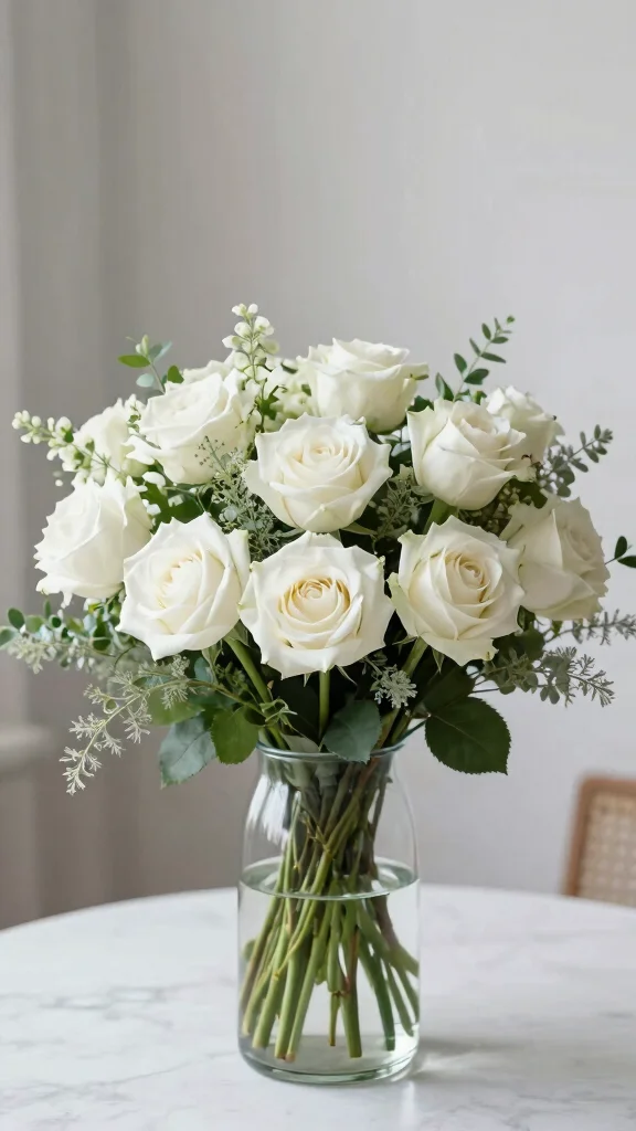 18 Seasonal Bouquet Ideas You Need to Try for a Cozy Home! - 9. Minimalist Elegance: White Roses and Greenery 1
