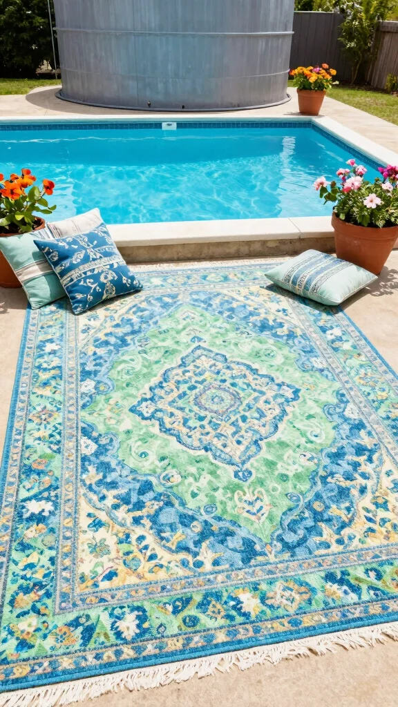 18 Tranquil Poolside Decor Ideas That Create a Calm Retreat! - 12. Colorful Outdoor Rugs 1