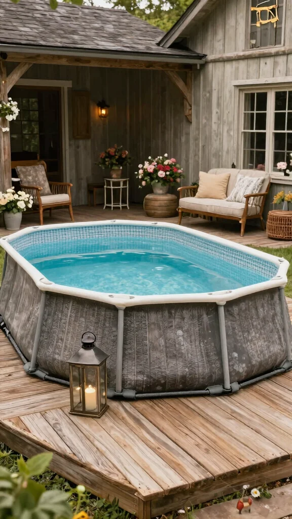 19 Beautiful DIY Above Ground Pool Decks That Will Enhance Your Landscape Design! - 15. Vintage Farmhouse Deck 1