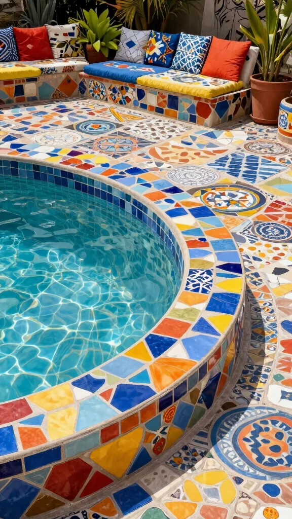 19 Budget-Friendly DIY Garden Pool Ideas to Beat the Heat This Summer! - 14. Eclectic Mosaic Poolside 1