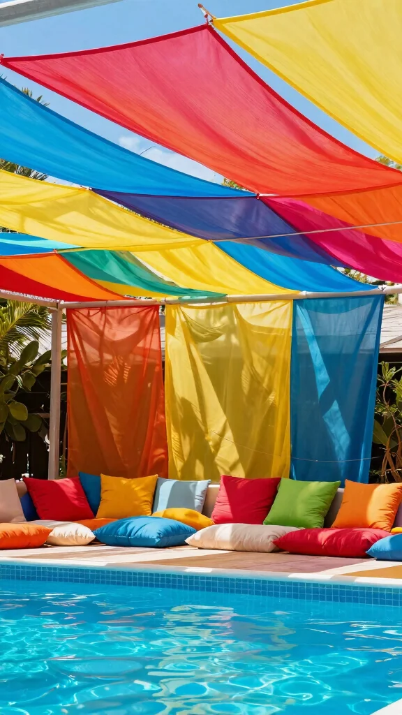 19 Budget-Friendly DIY Garden Pool Ideas to Beat the Heat This Summer! - 9. Colorful Poolside Canopy 1