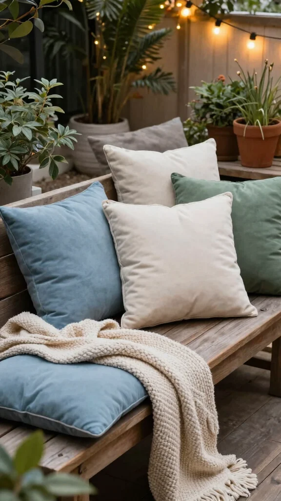19 Cozy Patio Garden Ideas to Create Your Urban Oasis - 1. Layered Textures with Cushions and Throws 1