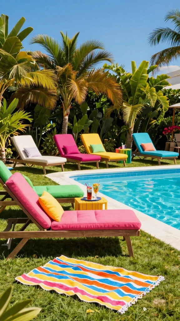 19 Family-Friendly Outdoor Decor Ideas for Above Ground Pools (Fun for Everyone!) - 1. Colorful Poolside Lounge Chairs 1
