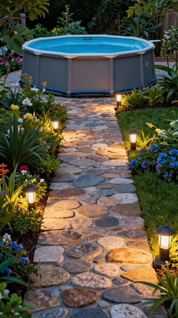 19 Family-Friendly Outdoor Decor Ideas for Above Ground Pools (Fun for Everyone!) - 7. Whimsical Garden Pathways 1