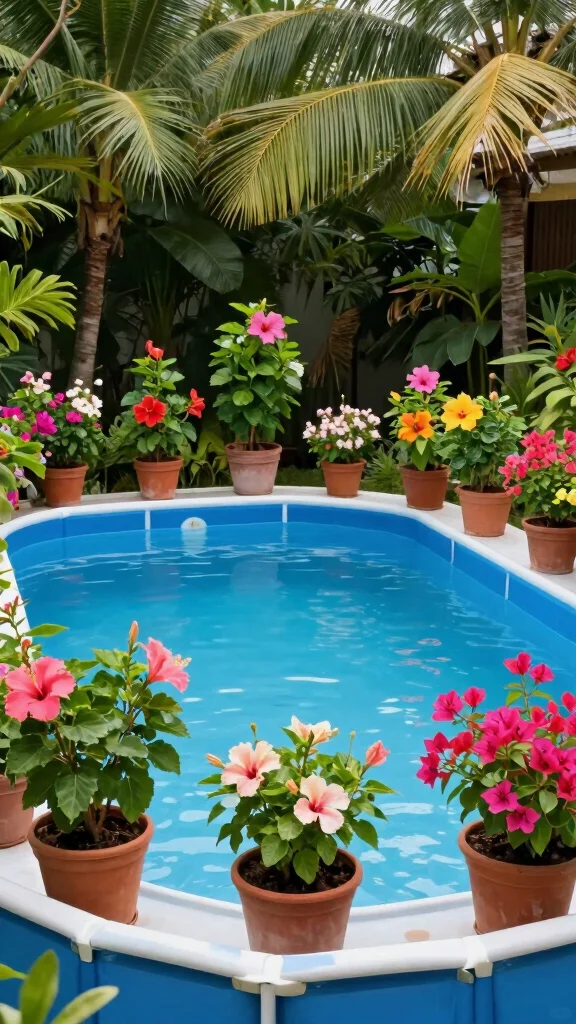 19 Family-Friendly Outdoor Decor Ideas for Above Ground Pools (Fun for Everyone!) - 8. Vibrant Potted Plants 1