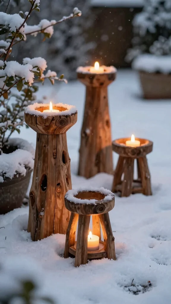 19 Festive Garden Lighting Ideas to Brighten Your Holidays - 14. Rustic Wooden Candle Holders 1