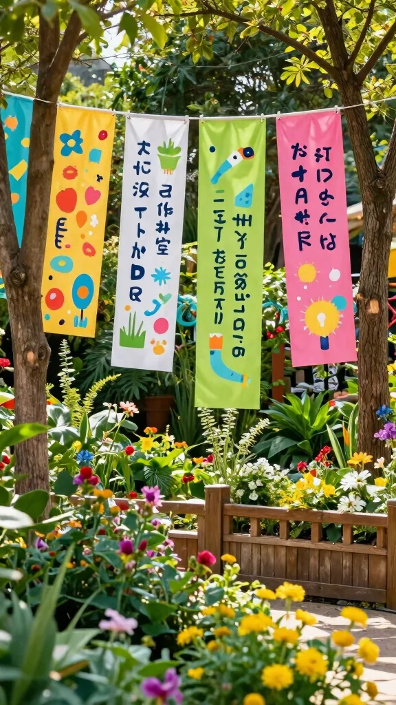 19 Whimsical Garden Decor Ideas That Will Make You Smile Every Day! - 17. Decorative Garden Banners 1